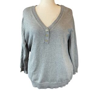 Normcore Gray V Neck Sweater Button Front detail 100% Cotton Plus Size 2X